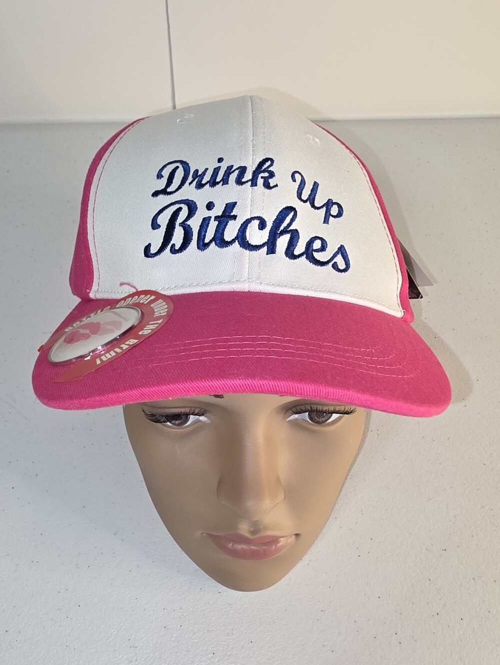Pink and White Embroidered Slogan Trucker Hat